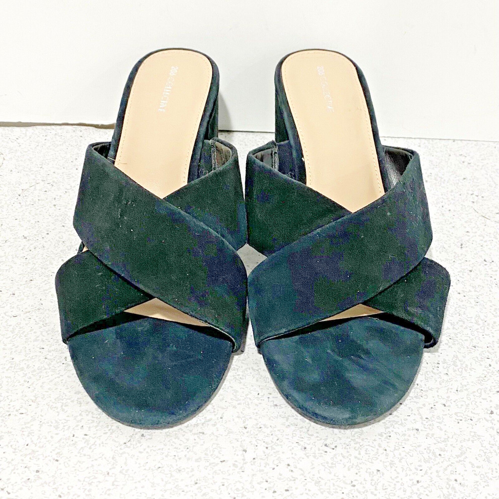 206 Collective Slip On Shoes Black Faux Suede Mid Heel Sandals Elegant Slides 8M